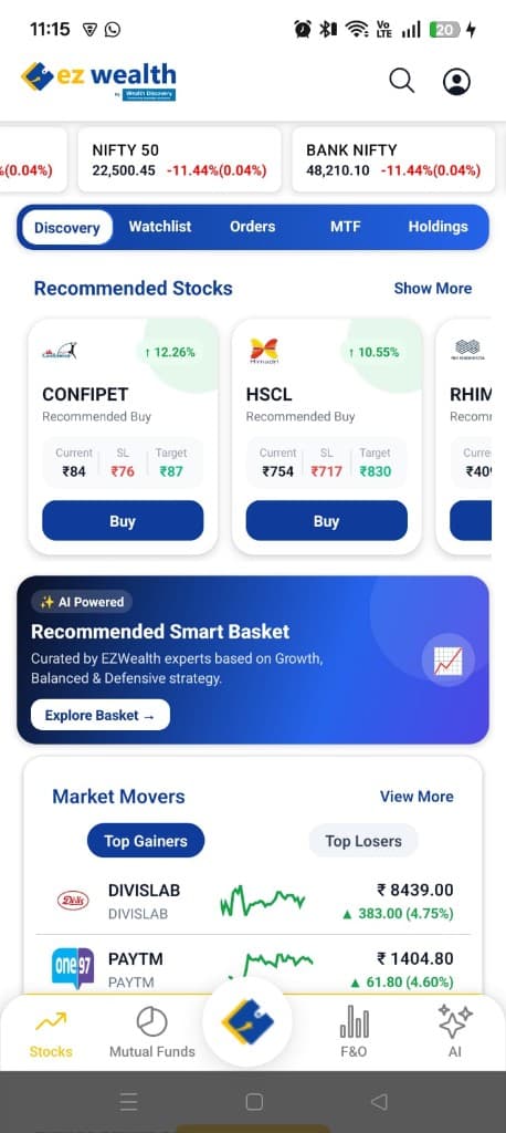 EZ Wealth app Discovery screen with recommended stocks, AI smart basket and market movers